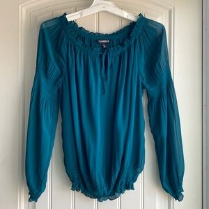 Women’s XS Green Express tie-front elastic waist dressy blouse